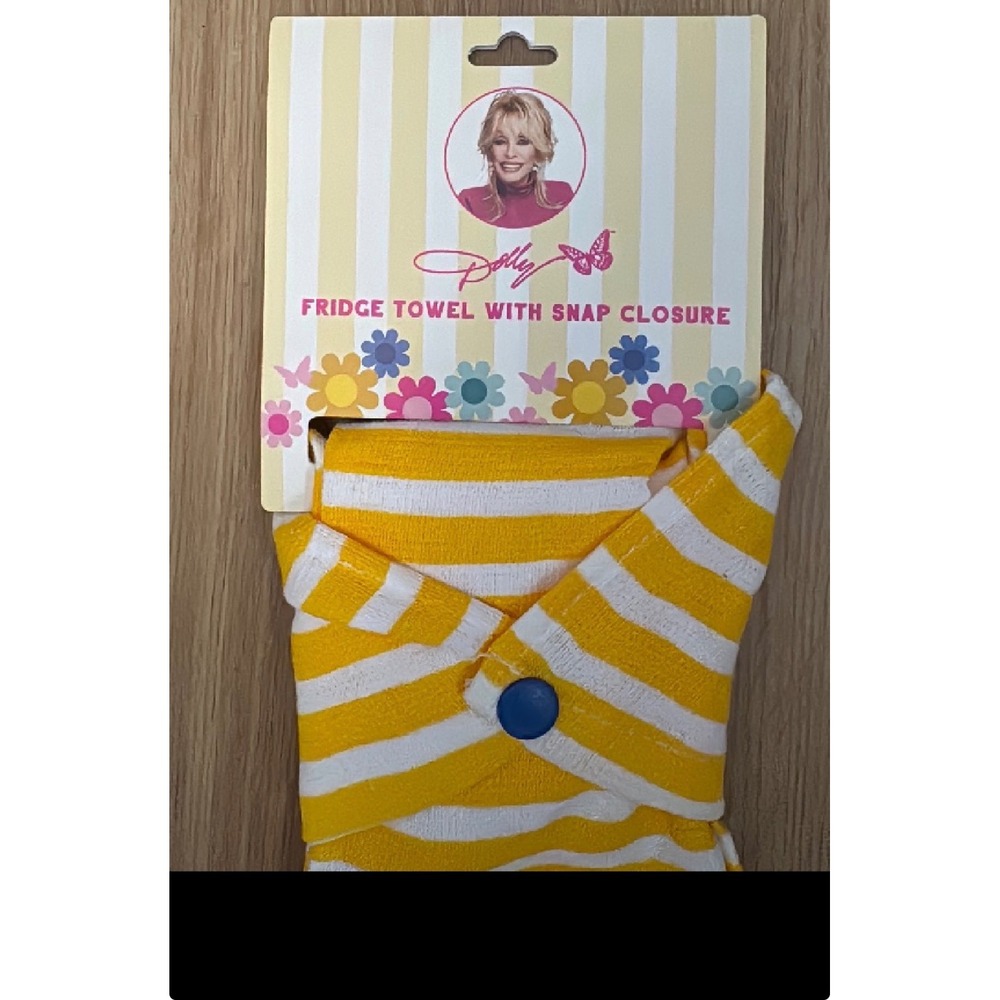Dolly Parton Fridge Towel Yellow White Stripe Butterfly Snap Closure New NWT